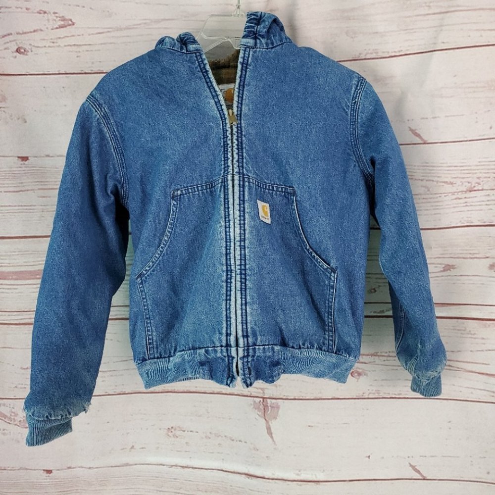 Vintage Carhartt Y07DST Blanket Lined Hooded Denim Coat Jacket Medium